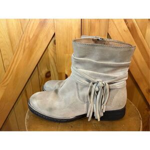 Born Peltro Distressed Fringe Ankle Boots Tan Suede Zipper Women's Size 8M